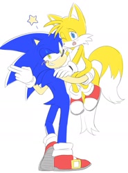 Size: 1343x1816 | Tagged: safe, artist:s2_lina_, miles "tails" prower, sonic the hedgehog, 2025, blushing, carrying them, duo, gay, looking at viewer, looking back at viewer, looking offscreen, mouth open, shipping, smile, sonic x tails, standing, star (symbol), wink