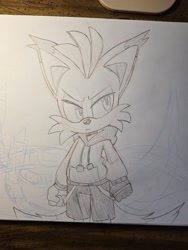 Size: 1536x2048 | Tagged: safe, artist:riri_galpal, miles "tails" prower, nine, sonic prime, 2025, alternate outfit, clenched fist, clenched fists, frown, hoodie, line art, looking offscreen, monochrome, pencilwork, shorts, solo, standing, traditional media