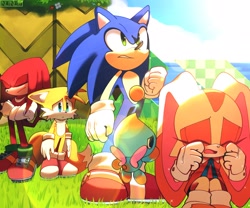 Size: 2048x1702 | Tagged: safe, artist:nuinu_17, cheese (chao), cream the rabbit, knuckles the echidna, miles "tails" prower, sonic the hedgehog, chao, 2025, abstract background, crying, daytime, frown, grass, group, leaf forest, neutral chao, outdoors, sitting, sonic advance 2, standing