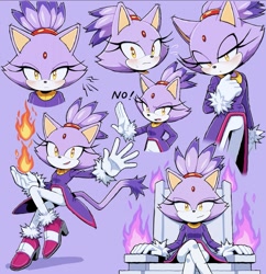 Size: 1223x1264 | Tagged: safe, artist:zsp1jqohfr12495, blaze the cat, 2025, blushing, dialogue, english text, fire, flame, frown, purple background, simple background, sitting, smile, solo, standing