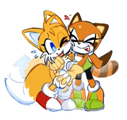 Size: 619x587 | Tagged: safe, artist:boyscout_badger, marine the raccoon, miles "tails" prower, 2025, arm around shoulders, blushing, cute, duo, eyes closed, half r63 shipping, heart, holding hands, lesbian, marails, marineabetes, mouth open, shipping, simple background, smile, tailabetes, wagging tail, white background, wink