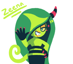 Size: 670x593 | Tagged: safe, artist:switchleaftini, zeena, 2025, character name, hand on hip, looking at viewer, simple background, smile, solo, standing, waving, white background