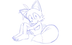 Size: 1092x683 | Tagged: safe, artist:seen023hey, miles "tails" prower, 2025, barefoot, line art, looking at viewer, monochrome, simple background, sitting, smile, solo, white background