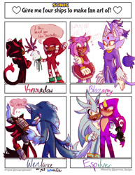 Size: 696x900 | Tagged: safe, artist:princyvish, amy rose, blaze the cat, espio the chameleon, knuckles the echidna, shadow the hedgehog, silver the hedgehog, sonic the hedgehog, 2025, amy x blaze, blushing, dialogue, english text, flower, four fanarts, gay, group, holding them, knuxadow, lavender, lesbian, long tail, meme, offering flower, shadow x sonic, ship name, shipping, silvio, sir lancelot, sonic the werehog, speech bubble, standing, were form, werehog