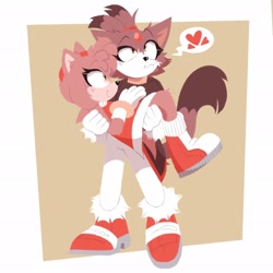 Size: 2048x2048 | Tagged: safe, artist:artyyline, amy rose, blaze the cat, 2025, abstract background, amy x blaze, amybetes, blazebetes, carrying them, cute, duo, flat colors, heart, looking at them, looking away, movie style, no outlines, shipping, smile, standing, valentine's day