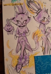 Size: 1435x2048 | Tagged: safe, artist:stripysockxx, blaze the cat, 2025, blushing, fire, solo, standing, traditional media