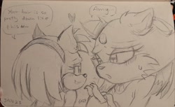 Size: 2048x1257 | Tagged: safe, artist:stripysockxx, amy rose, blaze the cat, 2025, amy x blaze, dialogue, duo, english text, floppy ears, hair down, heart, lesbian, lidded eyes, line art, looking at each other, monochrome, mouth open, pencilwork, shipping, signature, smile, speech bubble, sweatdrop, traditional media