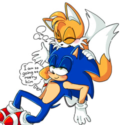 Size: 2000x2000 | Tagged: safe, artist:ilovetails, artist:insaneaboutthislittlefox, miles "tails" prower, sonic the hedgehog, 2025, age difference, blushing, cute, duo, english text, eyes closed, gay, looking at them, mouth open, on head, shipping, simple background, sitting, smile, sonabetes, sonic x tails, tailabetes, thought bubble, white background