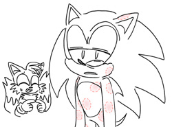 Size: 1287x950 | Tagged: safe, artist:ilovetails, artist:insaneaboutthislittlefox, miles "tails" prower, sonic the hedgehog, 2025, age difference, bite mark, cute, duo, eyes closed, fingers together, gay, lidded eyes, line art, looking at viewer, monochrome, one fang, shipping, simple background, smile, sonic x tails, sweatdrop, tailabetes, white background