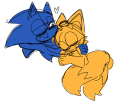 Size: 1807x1475 | Tagged: safe, artist:ilovetails, artist:insaneaboutthislittlefox, miles "tails" prower, sonic the hedgehog, 2025, age difference, blushing, cute, duo, eyes closed, gay, heart, monochrome, one eye closed, shipping, simple background, sketch, sleeping, smile, sonabetes, sonic boom (tv), sonic x tails, tailabetes, white background