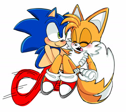 Size: 1836x1633 | Tagged: safe, artist:ilovetails, artist:insaneaboutthislittlefox, miles "tails" prower, sonic the hedgehog, 2025, age difference, blushing, carrying them, cute, duo, eyes closed, gay, mouth open, one fang, running, shipping, smile, sonabetes, sonic x tails, tailabetes