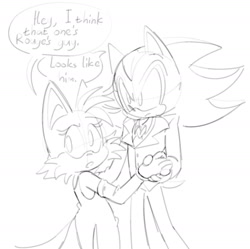 Size: 1627x1621 | Tagged: safe, artist:ilovetails, artist:insaneaboutthislittlefox, miles "tails" prower, shadow the hedgehog, 2025, age difference, bisexual, cute, dancing, dialogue, dress, duo, eyelashes, femboy, frown, gay, holding hands, implied infidelity, implied rouge, implied shadouge, implied shipping, looking back, looking offscreen, mouth open, offscreen character, shadow x tails, shadowbetes, shipping, sketch, speech bubble, standing, suit, tailabetes