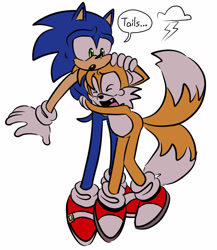 Size: 1429x1648 | Tagged: safe, artist:ilovetails, artist:insaneaboutthislittlefox, miles "tails" prower, sonic the hedgehog, 2025, astraphobia, crying, dialogue, duo, eyes closed, flat colors, floppy ears, gay, hand on head, holding them, hugging, lightning, looking at them, mouth open, scared, shipping, simple background, sonic x tails, speech bubble, standing, tears, tears of fear, white background