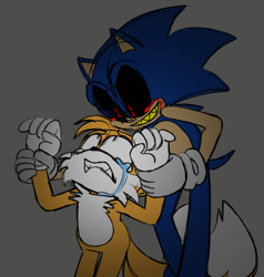 Size: 1256x1322 | Tagged: safe, artist:ilovetails, artist:insaneaboutthislittlefox, miles "tails" prower, sonic the hedgehog, oc, oc:sonic.exe, 2025, black sclera, bleeding, bleeding from eyes, blood, crying, duo, frown, gay, holding arm, holding them, looking at each other, scared, sharp teeth, shipping, smile, sonic x tails, sonic.exe x tails, standing, tears, tears of fear