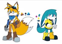 Size: 2047x1456 | Tagged: safe, artist:papagabu, kit the fennec, miles "tails" prower, 2025, alternate outfit, alternate universe, au:metal breakers, belt, boots, chipped ear, coat, duo, frown, goggles, looking at viewer, scar, scarf, simple background, white background