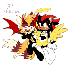 Size: 2048x1908 | Tagged: safe, artist:shadails, miles "tails" prower, shadow the hedgehog, 2024, angel, angel wings, blushing, devil, devil horns, devil wings, dress, duo, ear fluff, gay, halo, looking at each other, shadails, shipping, simple background, sparkles, transparent background