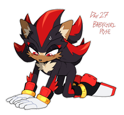 Size: 1382x1281 | Tagged: safe, artist:shadails, shadow the hedgehog, 2024, all fours, arm fluff, ear fluff, looking down, simple background, solo, sweatdrop, transparent background