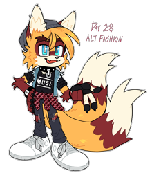 Size: 1648x1869 | Tagged: safe, artist:shadails, miles "tails" prower, 2024, alternate outfit, arm fluff, beanie, claws, collar, ear fluff, ear piercing, earring, fingerless gloves, hand on hip, jacket, jacket around waist, looking at viewer, mouth open, one fang, pants, punk, ripped pants, shirt, shoelaces, shoes, simple background, smile, solo, standing, transparent background, v sign, watch