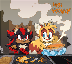 Size: 2048x1810 | Tagged: safe, artist:shadails, miles "tails" prower, shadow the hedgehog, 2024, abstract background, duo, ear fluff, eating, food, gay, halloween, holding something, knife, looking at viewer, looking offscreen, mouth open, oven gloves, pie, shadails, shipping, smile, smoke, standing