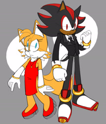 Size: 1772x2071 | Tagged: safe, artist:ilovetails, artist:insaneaboutthislittlefox, miles "tails" prower, shadow the hedgehog, 2025, abstract background, age difference, dress, duo, femboy, frown, gay, looking at viewer, shadow x tails, shipping, sketch, standing, suit