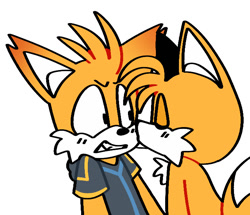 Size: 672x577 | Tagged: safe, artist:ilovetails, artist:insaneaboutthislittlefox, miles "tails" prower, nine, sonic the hedgehog, sonic prime, 2025, clenched teeth, duo, eyes closed, flat colors, gay, kiss on cheek, looking at them, nine x tails, self paradox, selfcest, shipping, simple background, tails, tails x tails, white background