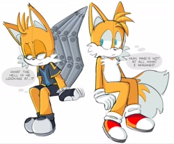 Size: 2048x1692 | Tagged: safe, artist:ilovetails, artist:insaneaboutthislittlefox, miles "tails" prower, nine, sonic the hedgehog, sonic prime, 2025, age difference, duo, english text, frown, gay, lidded eyes, looking at them, looking away, looking offscreen, nine x tails, self paradox, selfcest, shipping, sitting, sketch, tails, tails x tails, thought bubble