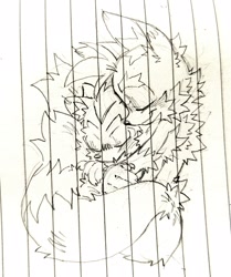 Size: 1713x2048 | Tagged: safe, artist:shadails, miles "tails" prower, shadow the hedgehog, 2024, arms folded, cute, duo, eyes closed, gay, hugging, line art, lined paper, monochrome, one fang, shadails, shipping, sketch, smile, traditional media