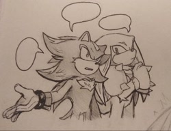 Size: 2048x1571 | Tagged: safe, artist:eighttalestale, knuckles the echidna, shadow the hedgehog, 2025, :|, arms folded, duo, gay, greyscale, knuxadow, looking at them, looking offscreen, monochrome, mouth open, one fang, shipping, speech bubble, standing, talking