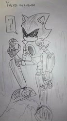 Size: 1128x2048 | Tagged: safe, artist:takosa, metal sonic, 2025, black sclera, line art, looking at viewer, monochrome, pencilwork, question mark, robot, solo, standing, standing on something, traditional media