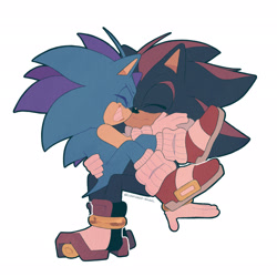 Size: 2048x2048 | Tagged: safe, artist:confused-bagel, shadow the hedgehog, sonic the hedgehog, 2025, duo, eyes closed, gay, holding each other, shadow x sonic, shadowbetes, shipping, signature, simple background, sitting, sitting on lap, smile, sonabetes, white background