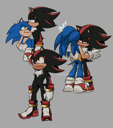 Size: 1000x1138 | Tagged: safe, artist:jugumpuppet, shadow the hedgehog, sonic the hedgehog, 2025, carrying them, duo, exclamation mark, frown, gay, grey background, hugging, lidded eyes, question mark, shadow x sonic, shipping, signature, simple background, standing, surprise hug, surprised