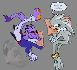 Size: 1236x1125 | Tagged: safe, artist:rocketrrush, blaze the cat, silver the hedgehog, 2025, duo, english text, frown, grey background, looking at them, lying down, lying on side, pawpads, paws, pillow, reference inset, simple background, sleeping, thought bubble