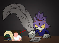 Size: 932x685 | Tagged: safe, artist:rocketrrush, blaze the cat, 2025, :<, family guy, frown, gradient background, looking at something, quill, reference inset, solo, table, writing, yellow sclera