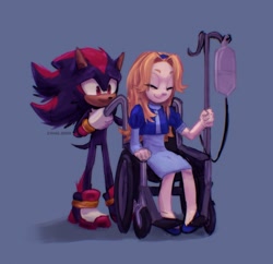 Size: 1677x1620 | Tagged: safe, artist:cha0s_error, maria robotnik, shadow the hedgehog, human, 2025, blue background, cute, drip, duo, eyes closed, lineless, looking at them, mariabetes, shadow (lighting), shadowbetes, signature, simple background, sitting, smile, standing, wheelchair, wholesome