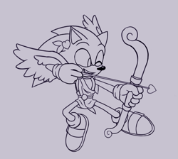 Size: 733x656 | Tagged: safe, artist:jeffydust, sonic the hedgehog, 2025, arrow (weapon), bow (weapon), cupid, cupid arrow, flying, line art, looking offscreen, monochrome, mouth open, one eye closed, one fang, smile, solo, valentine's day, wings