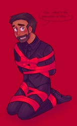 Size: 1257x2048 | Tagged: safe, artist:erroryeswifi, agent stone, human, 2025, blushing, bondage, bow, clenched teeth, dialogue, english text, kneeling, looking at viewer, red background, ribbon, simple background, solo, tied up