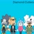 Size: 2048x2048 | Tagged: safe, artist:yesioarts, jewel the beetle, lanolin the sheep, tangle the lemur, whisper the wolf, 2024, blue background, dark skin, diamond cutters, english text, eye clipping through hair, eyes closed, frown, group, looking at viewer, simple background, smile, standing
