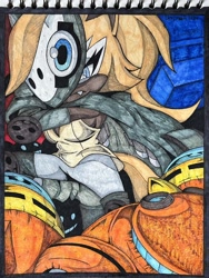 Size: 1536x2048 | Tagged: safe, artist:skerchdrawer, egg pawn, whisper the wolf, 2024, abstract background, duo, frown, one fang, robot, traditional media