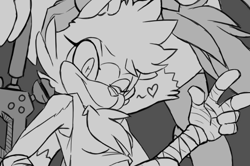 Size: 694x460 | Tagged: safe, artist:ridleynemrick, tangle the lemur, 2021, grey background, greyscale, heart, looking at viewer, monochrome, simple background, smile, solo, v sign, wink