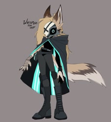 Size: 1553x1718 | Tagged: safe, artist:foxdrows, whisper the wolf, 2024, beige background, character name, mask over eyes, redesign, simple background, solo, standing