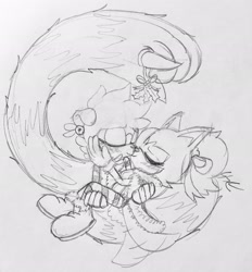 Size: 1900x2048 | Tagged: safe, artist:sonicrelated, tangle the lemur, whisper the wolf, 2024, blushing, blushing ears, carrying them, christmas, christmas outfit, cute, duo, eyes closed, holding each other, kiss, lesbian, line art, mistletoe, monochrome, pencilwork, shipping, smile, tail hold, tangabetes, tangle x whisper, traditional media, whispabetes