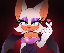 Size: 2048x1678 | Tagged: safe, artist:skywayzonee, rouge the bat, blushing, gradient background, heart, looking at viewer, smile, solo, standing