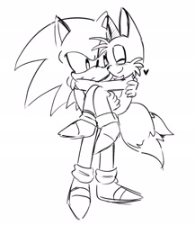 Size: 1781x2048 | Tagged: safe, artist:7ilesprower, miles "tails" prower, sonic the hedgehog, 2025, :/, blushing, carrying them, cute, duo, eyes closed, gay, heart, hugging, line art, monochrome, shipping, simple background, smile, sonic x tails, standing, sweatdrop, white background