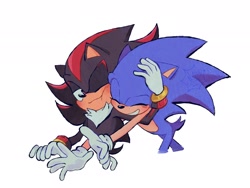 Size: 2048x1536 | Tagged: safe, artist:whyyjess, shadow the hedgehog, sonic the hedgehog, 2025, blushing, cute, duo, eyes closed, gay, hugging, one eye closed, shadow x sonic, shipping, simple background, smile, sonabetes, standing, white background