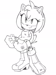 Size: 1536x2048 | Tagged: safe, artist:randomguy9991, amy rose, 2025, clenched fists, line art, monochrome, simple background, smile, solo, standing, white background