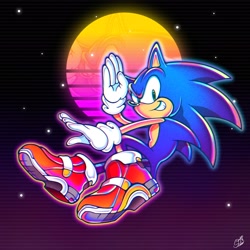 Size: 2048x2048 | Tagged: safe, artist:starioforreal, sonic the hedgehog, 2025, abstract background, posing, redraw, signature, smile, soap shoes, solo, uekawa style, vaporwave