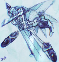 Size: 1955x2048 | Tagged: safe, artist:iistricnyn3ii, sonic the hedgehog, sonic and the black knight, 2025, holding something, looking at viewer, monochrome, redraw, signature, simple background, solo, sword