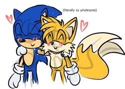 Size: 1789x1265 | Tagged: safe, artist:triplettailedfox, miles "tails" prower, sonic the hedgehog, 2025, arm around shoulders, blushing, cute, duo, english text, eyes closed, gay, heart, male, males only, mobius.social exclusive, shipping, simple background, sketch, smile, sonabetes, sonic x tails, standing, tailabetes, white background