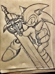 Size: 1536x2048 | Tagged: safe, artist:ommzii, sonic the hedgehog, sonic and the black knight, 2025, frown, line art, looking at viewer, monochrome, redraw, solo, sword, traditional media