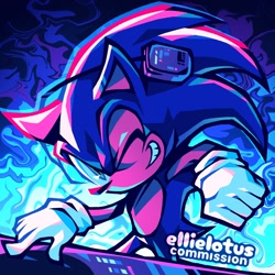 Size: 2048x2048 | Tagged: safe, artist:ellielotusart, sonic the hedgehog, 2025, abstract background, dj, nike mouth, signature, smile, solo, wink